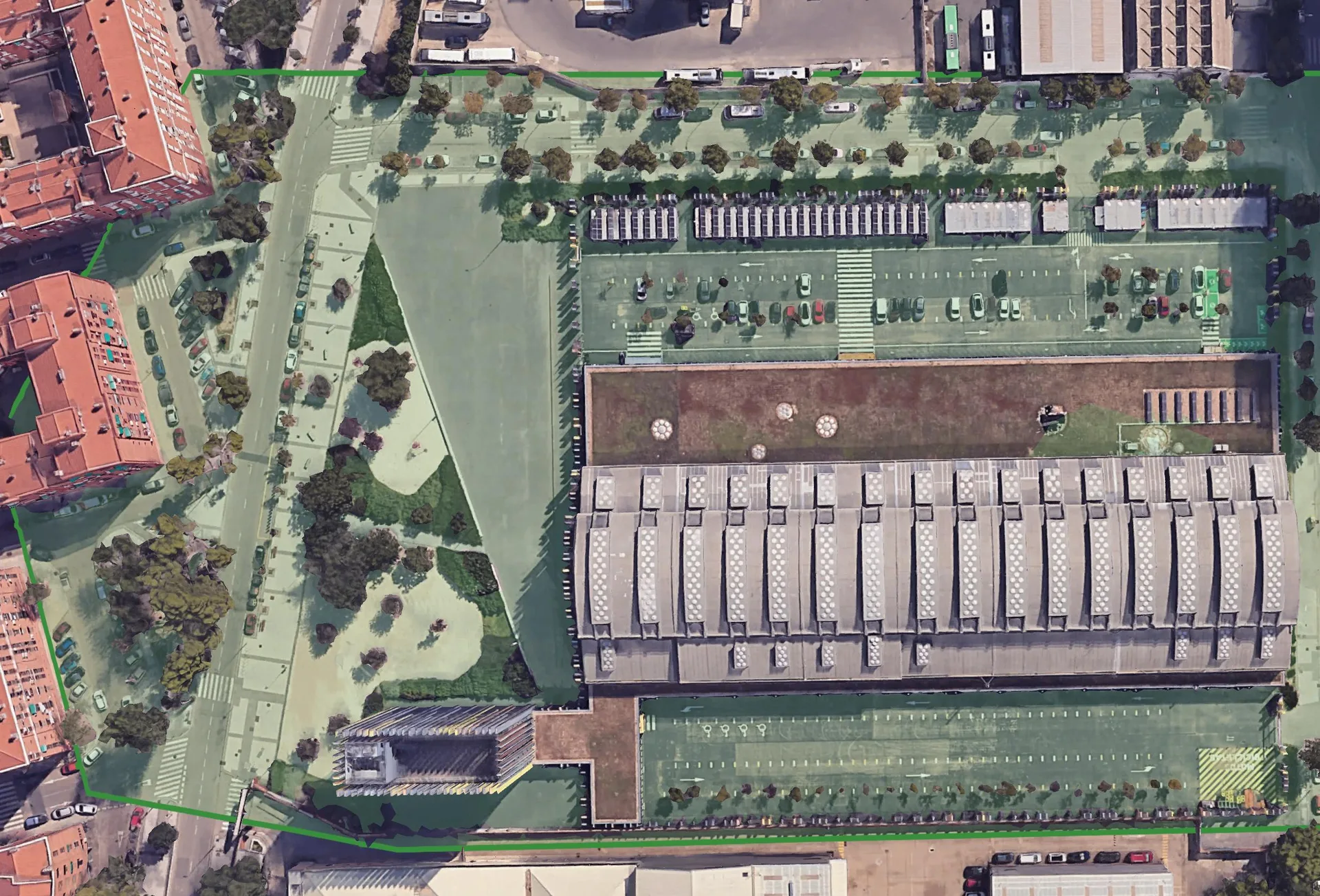 Vista aerea della zona di ricarica MVP di chark a La Nave, Madrid, circa 40.000 m² delimitati in verde